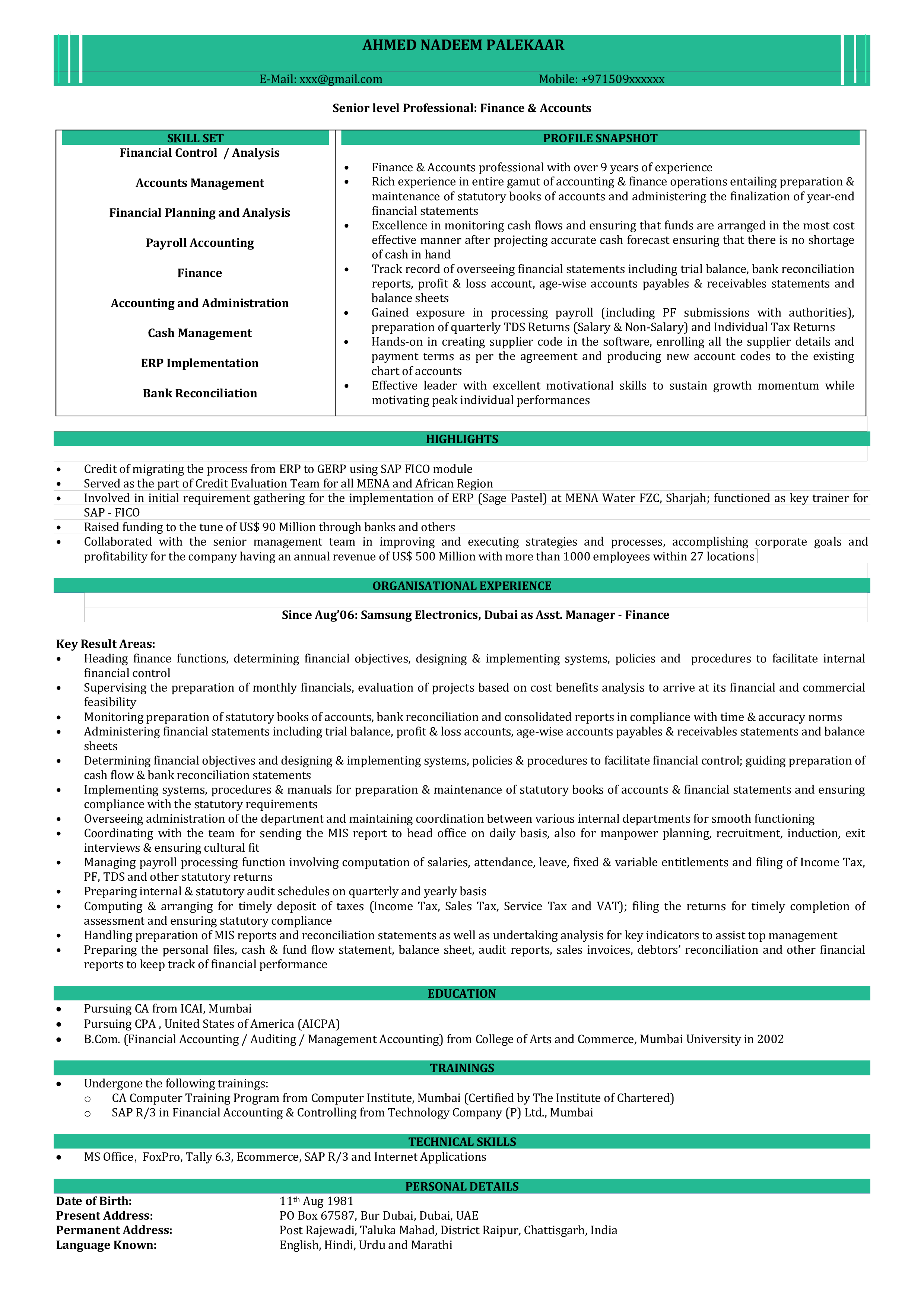 Chartered Accountant Resume Format Templates At Allbusinesstemplates