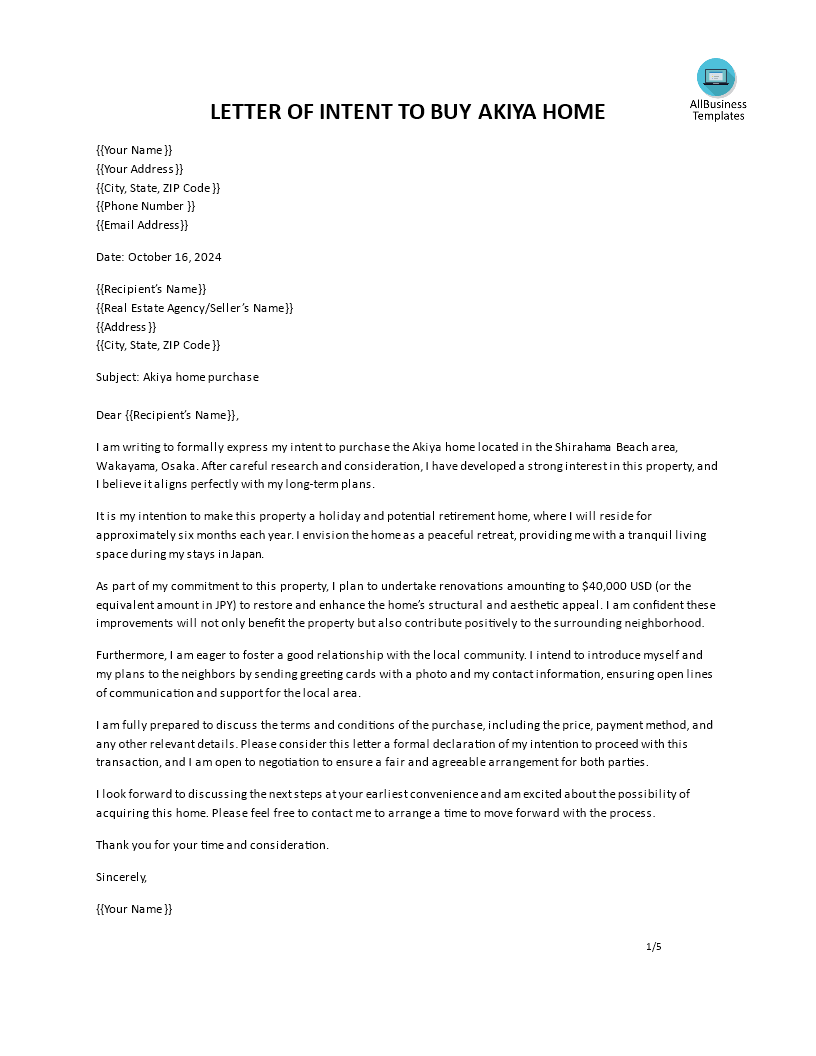 letter of intent to buy akiya japan template