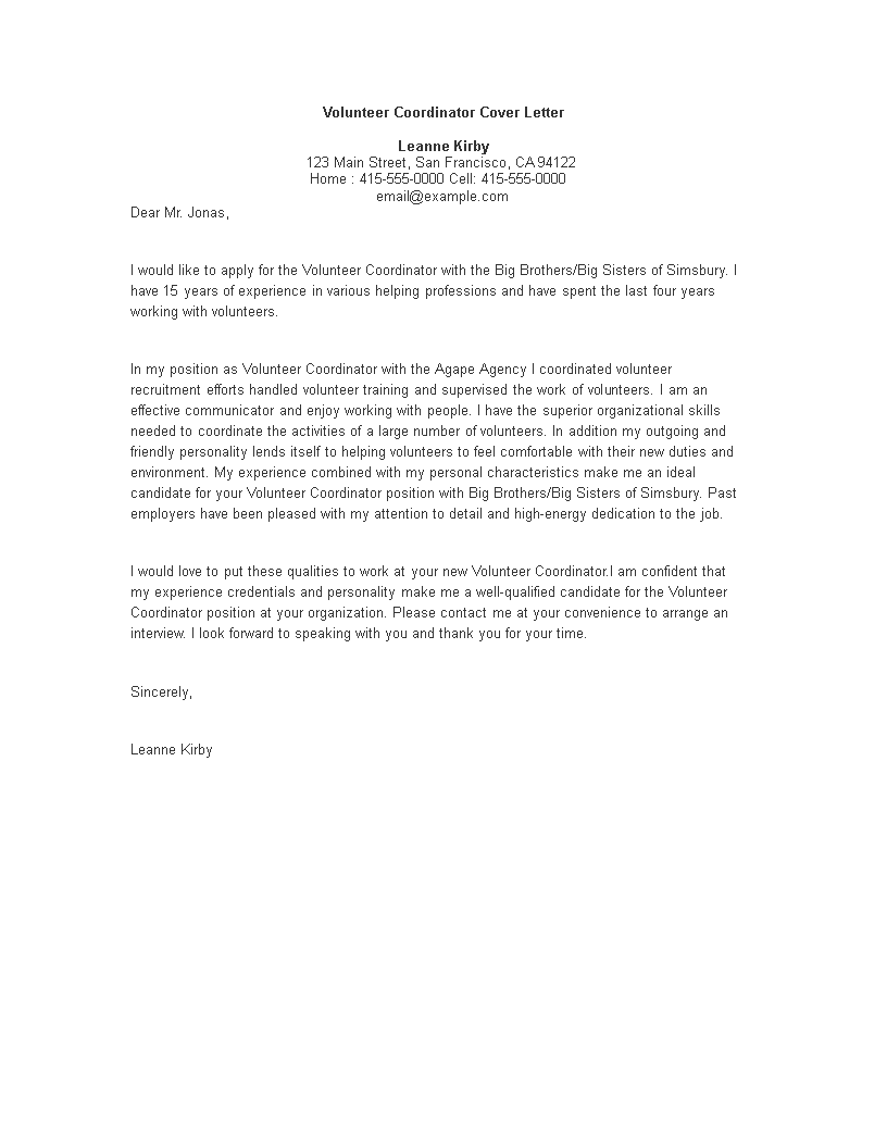 volunteer counselor cover letter example