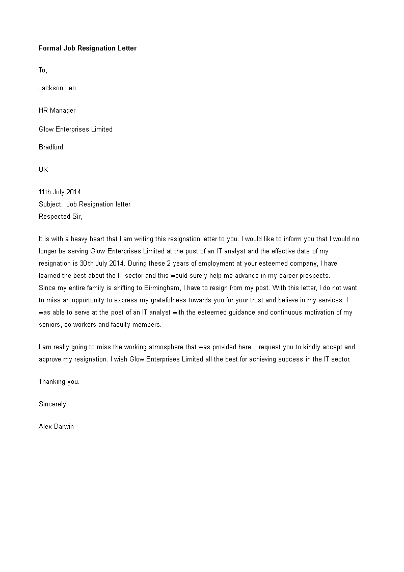 heartfelt job resignation letter modèles