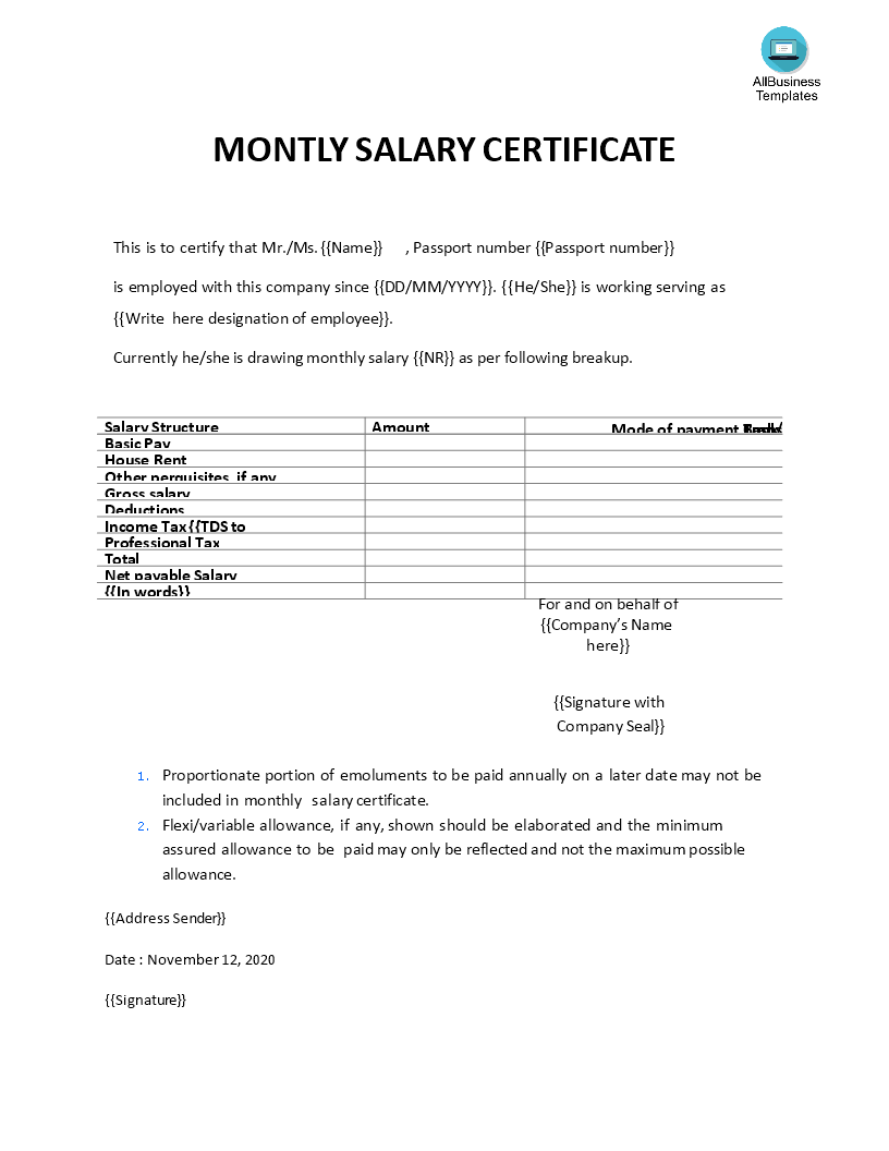 Salary Certificate Letter Templates At Allbusinesstemplates