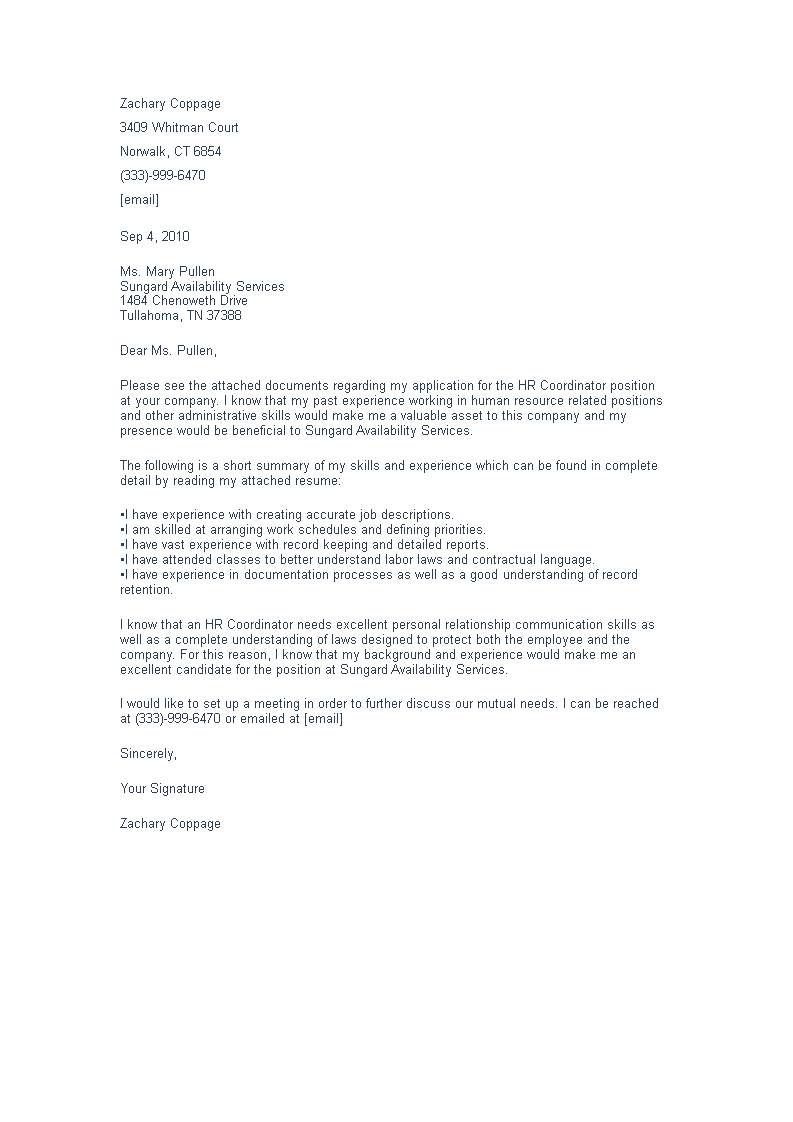 sample cover letter for hr coordinator position