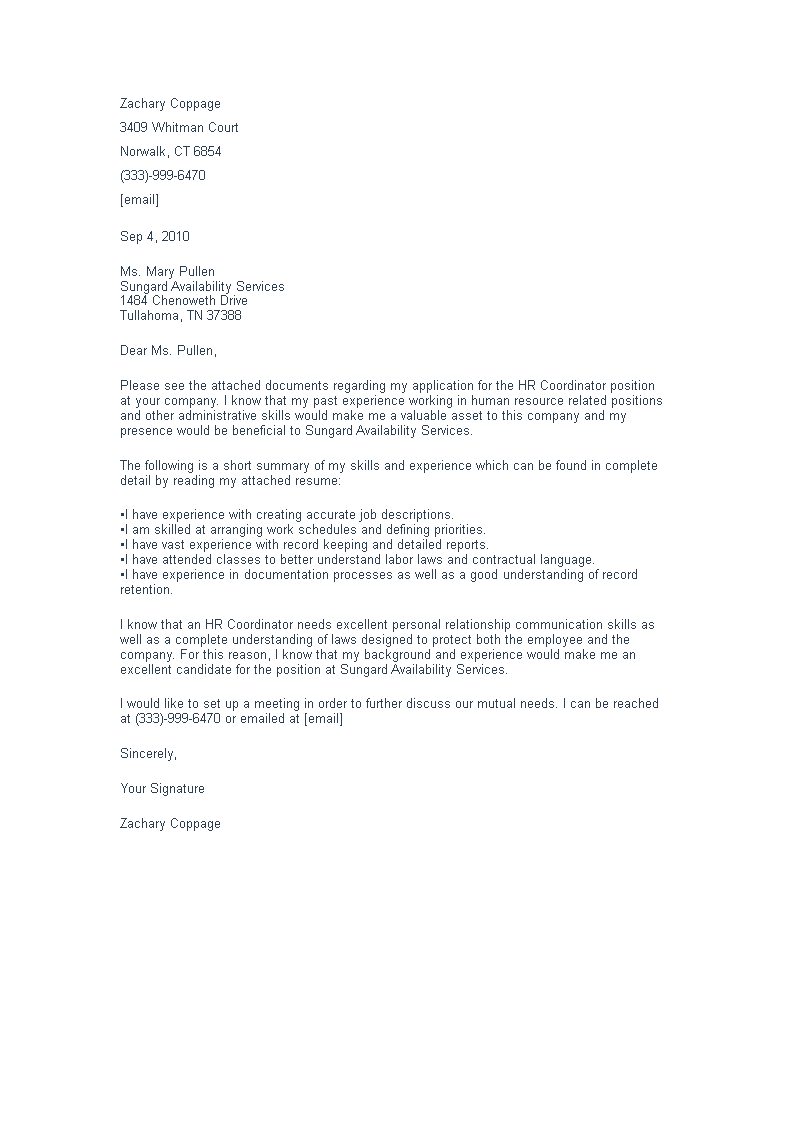  HR Coordinator Job Application Letter Allbusinesstemplates