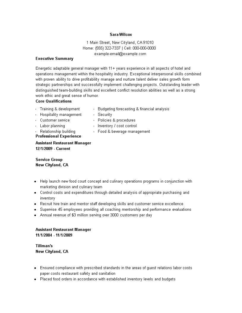 Assistant Restaurant Manager Resume Templates At Allbusinesstemplates