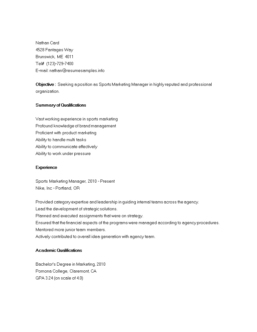  Sports Marketing Manager Resume Allbusinesstemplates