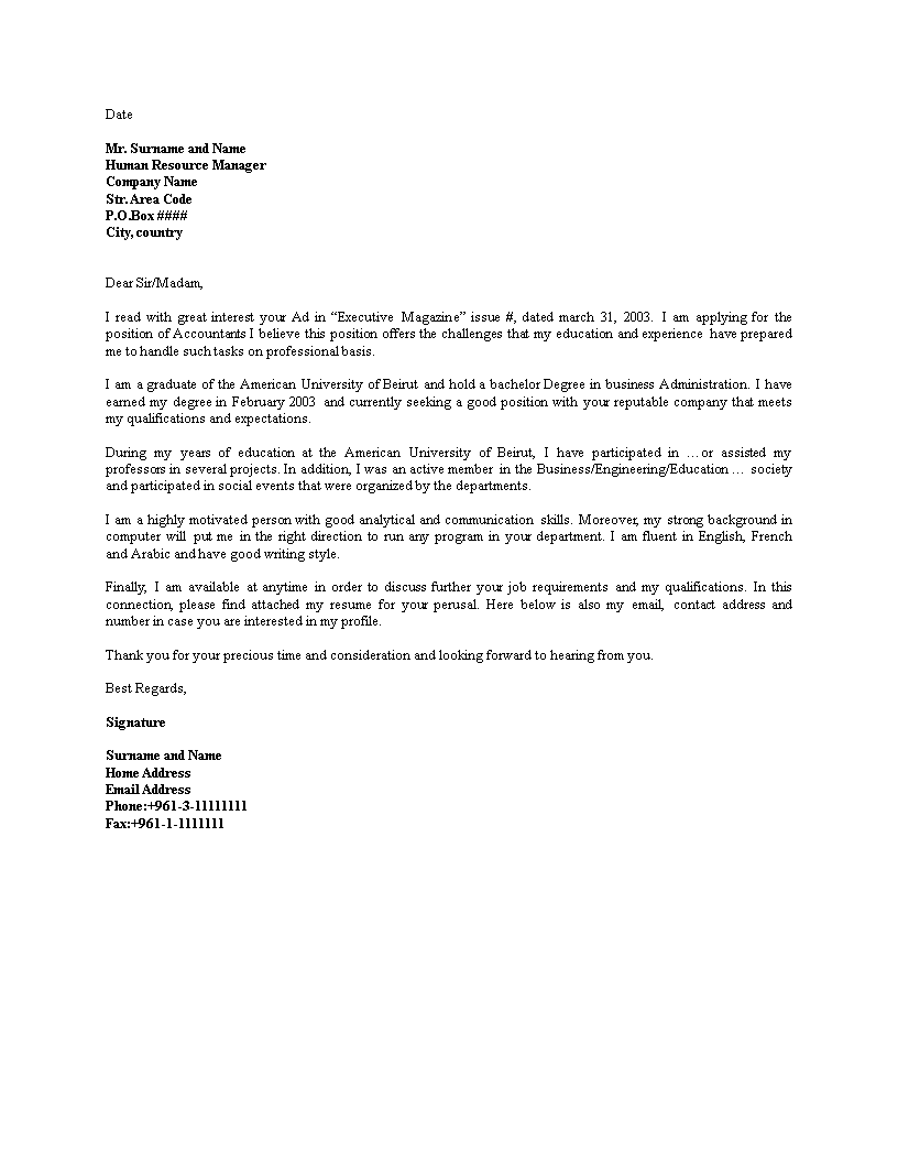cover letter template for fresh graduate