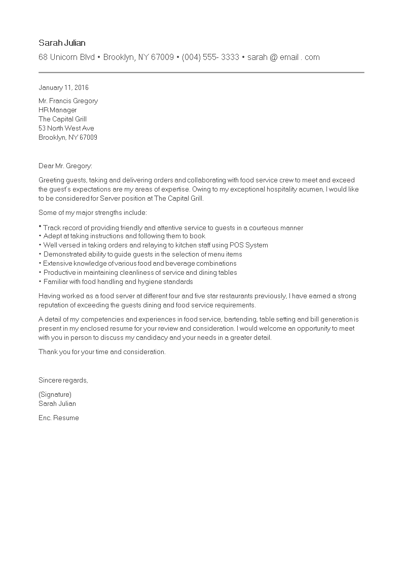 cover letter for server position example