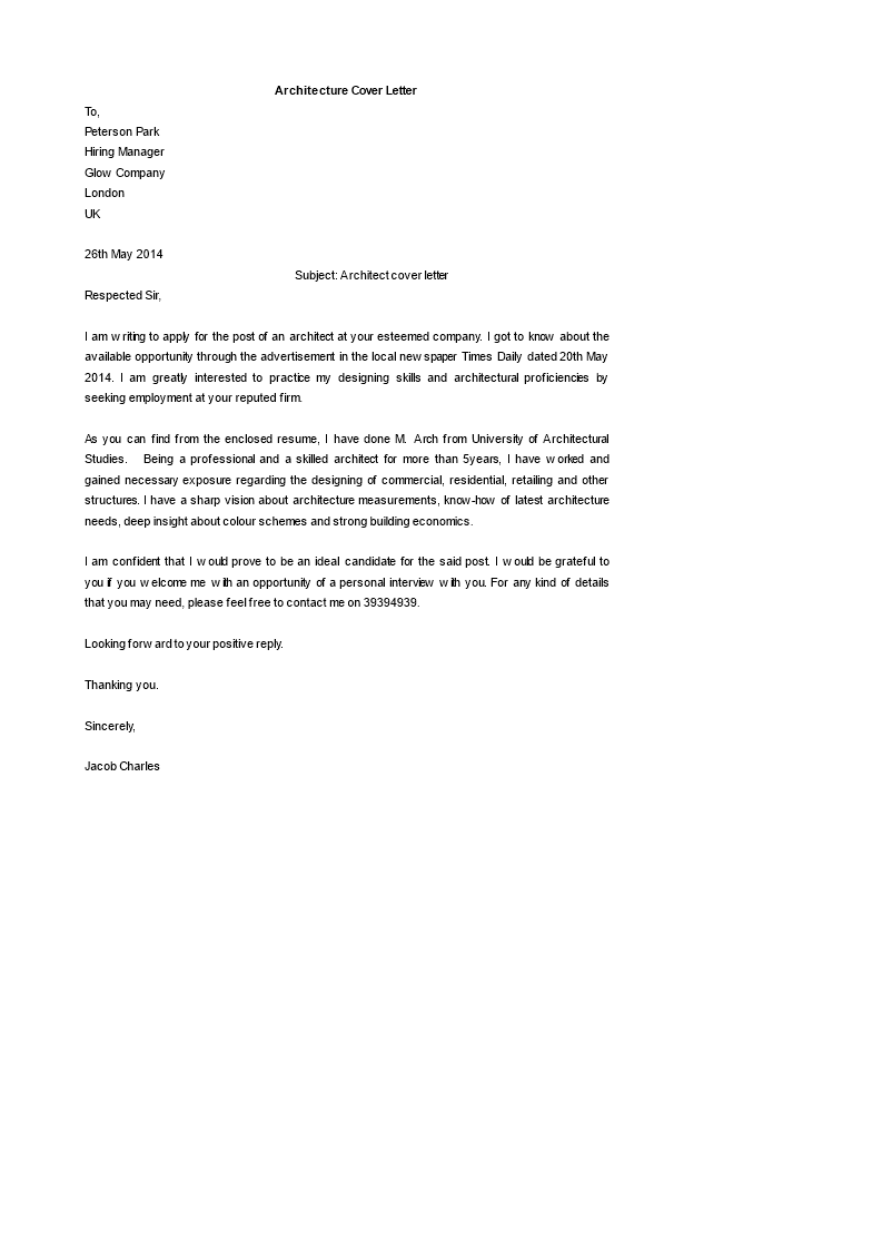 cover letter for post of architect