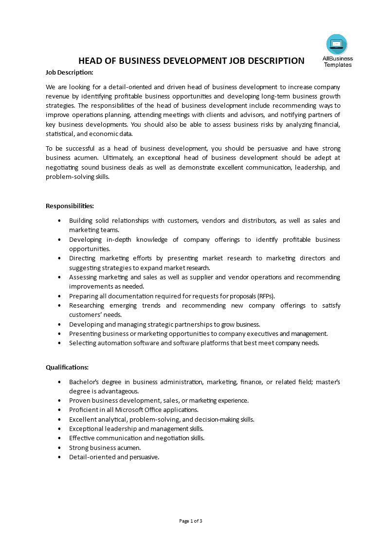  Head Of Business Development Job Description 