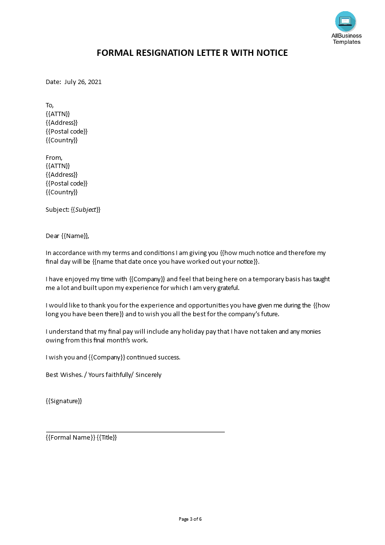 Resignation Letter Template Fill Online Printable Fillable Blank