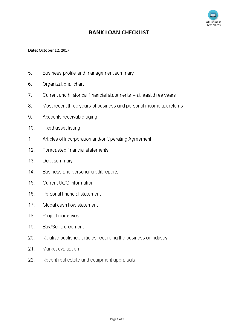 bank loan checklist template