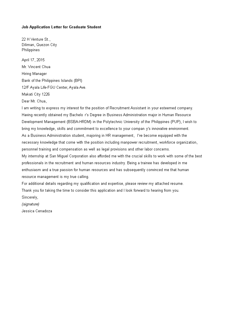 application letter for employment for shs graduate
