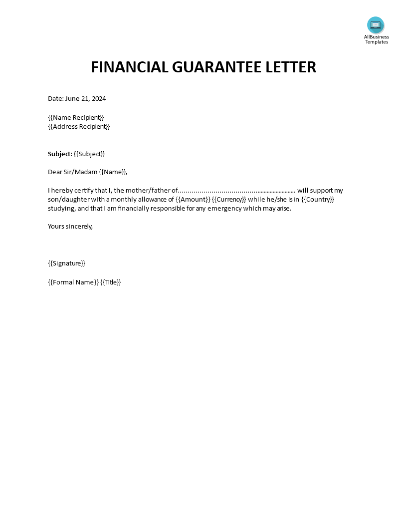 financial guarantee letter Hauptschablonenbild