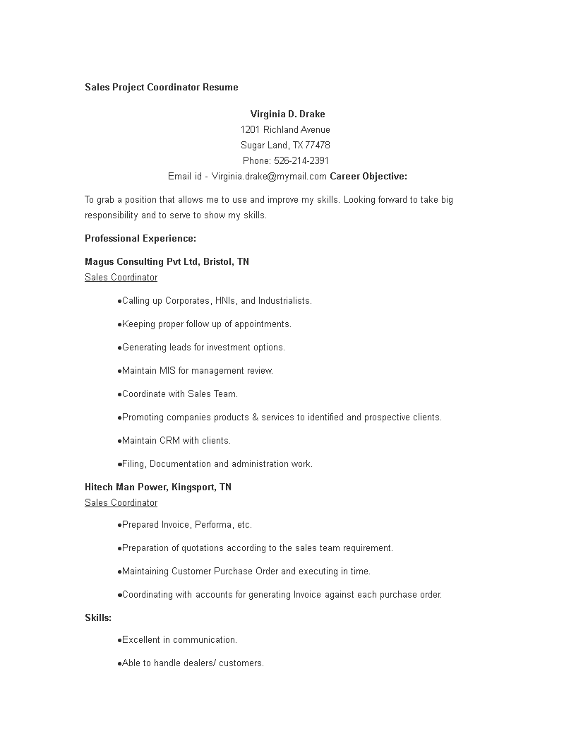 sales project coordinator resume template