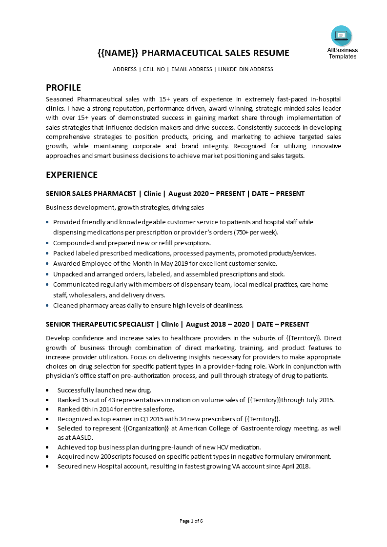 Libreng Pharmaceutical Sales Manager Resume