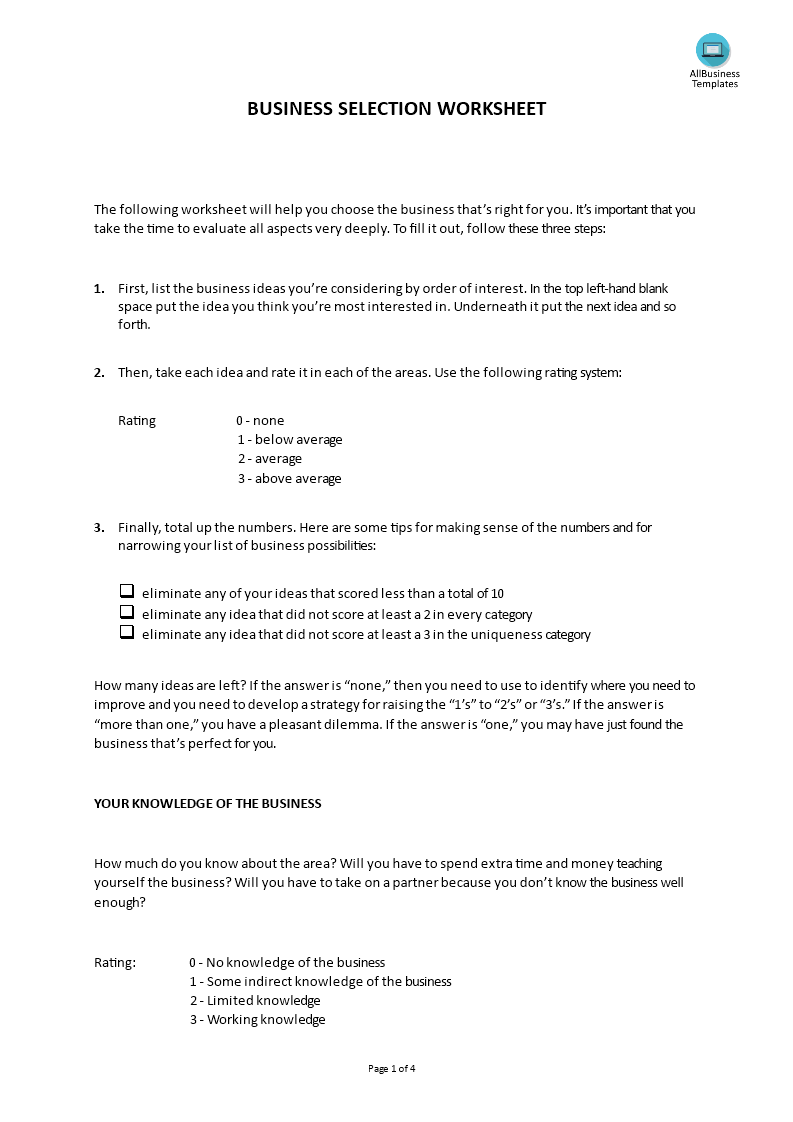 business selection worksheet Hauptschablonenbild