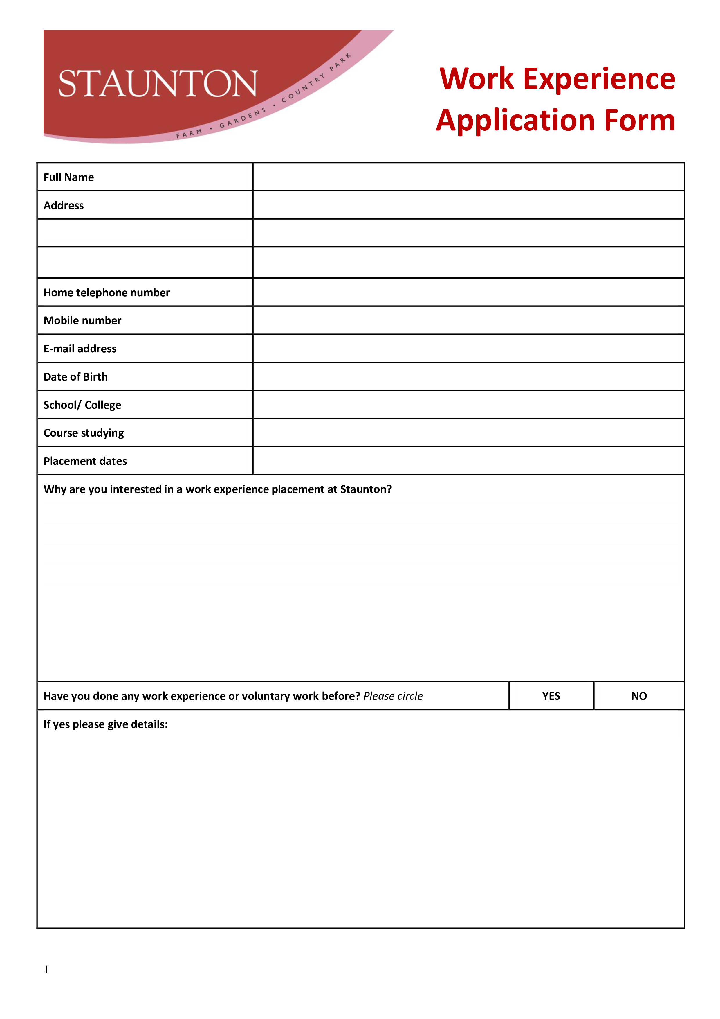 Work Experience Application Form Templates At Allbusinesstemplates