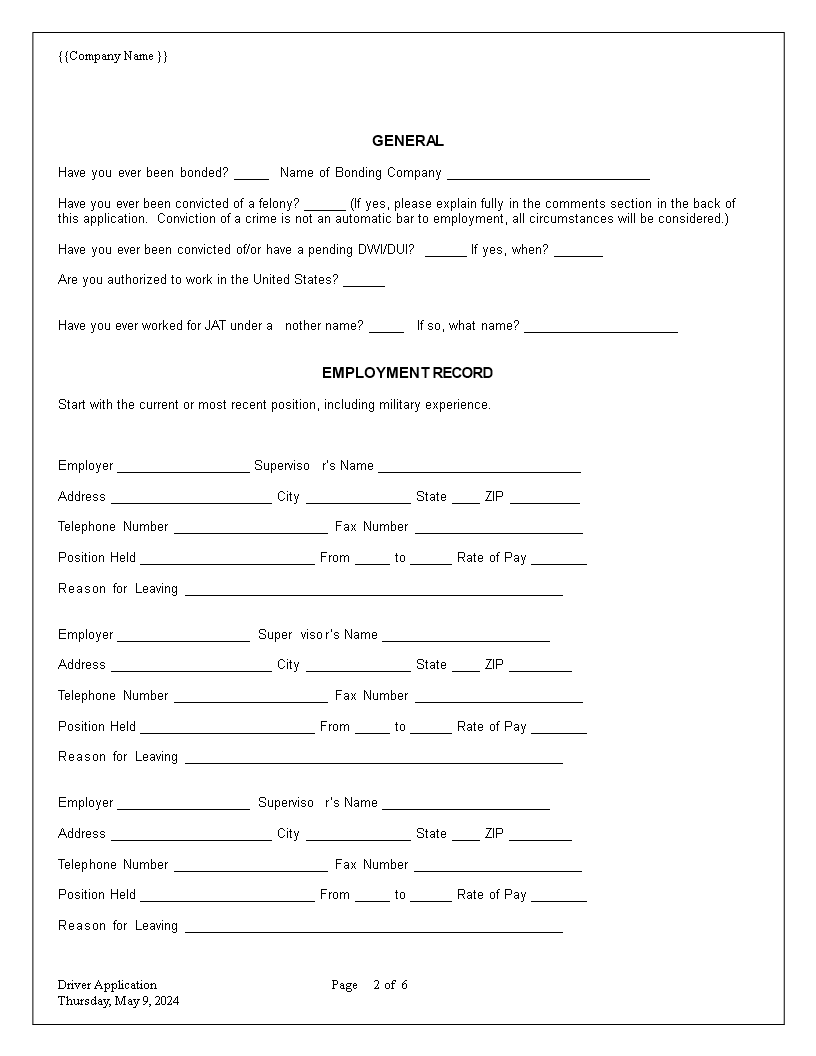 Truck Driver Employment Application Word Templates At 2276