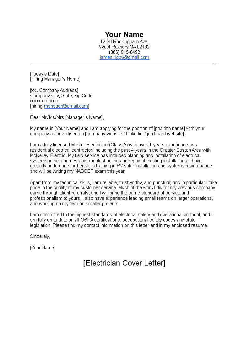 cover letter sample for electrician job
