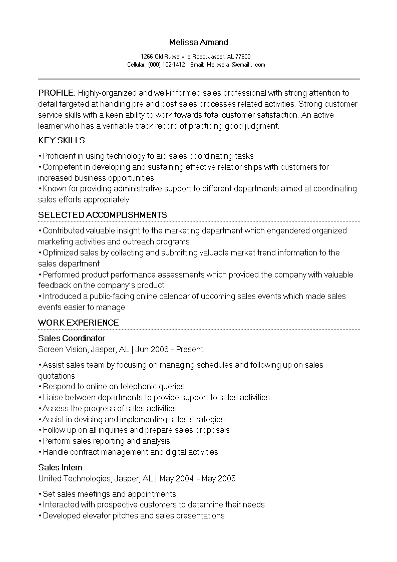 Kostenloses Sales Support Coordinator Resume