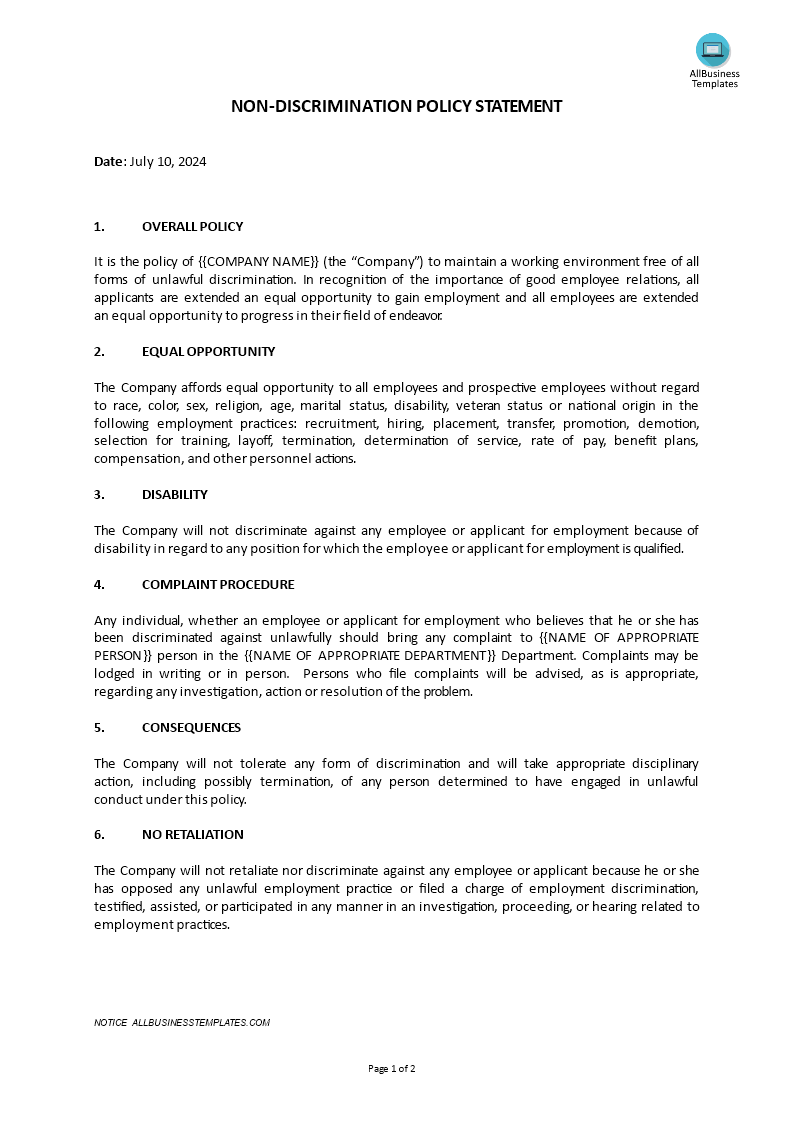 hr policy - non-discrimination policy template