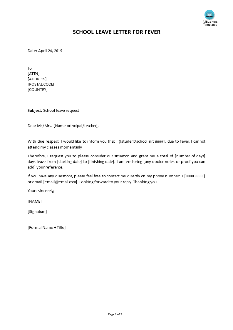 School leave letter for fever | Templates at ...