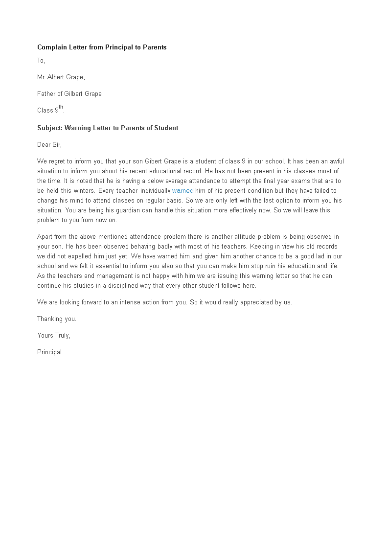  Letter Of Complaint To Parents Allbusinesstemplates