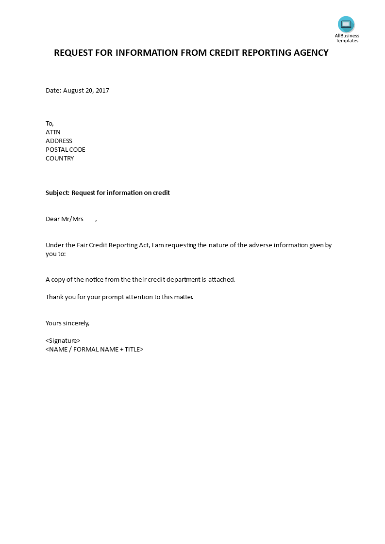 request for information from credit reporting agency Hauptschablonenbild