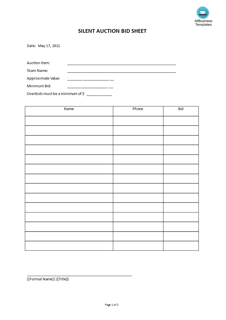 Silent Auction Sheet Templates at