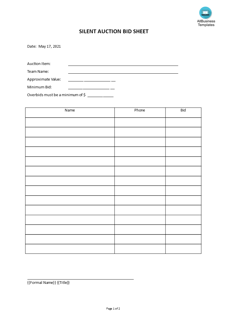 Silent Auction Sheet Templates At Allbusinesstemplates