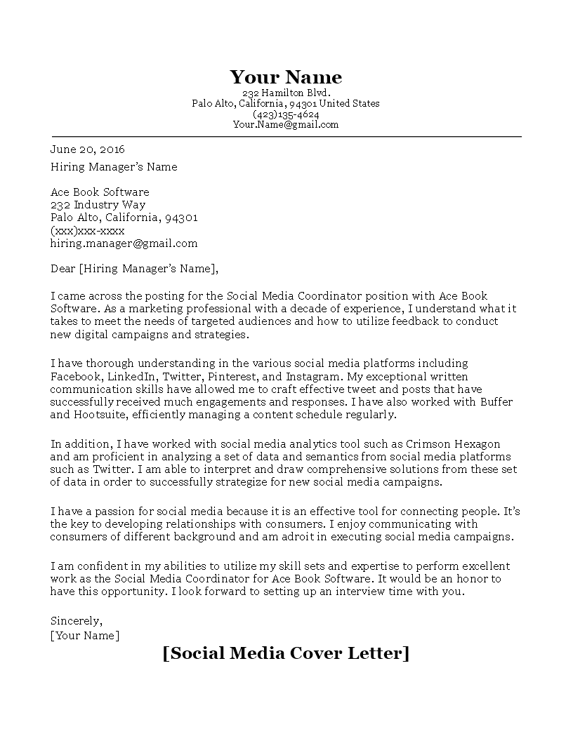 Social Media Manager Cover Letter Database Letter Template Collection