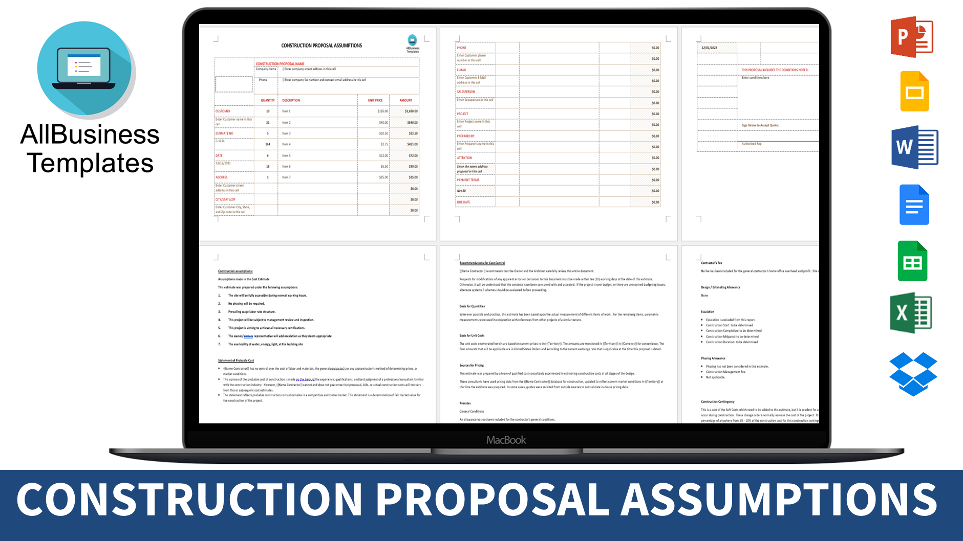 construction proposal assumptions example template