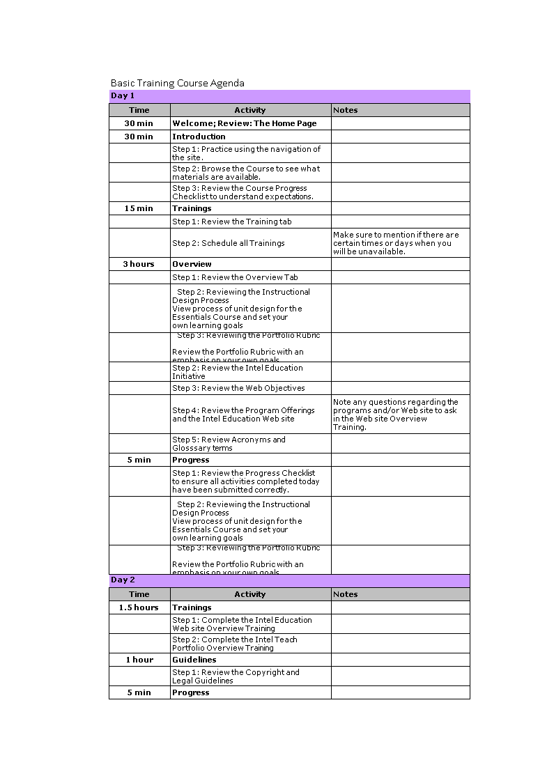 Training Agenda Template Excel Templates At Allbusinesstemplates