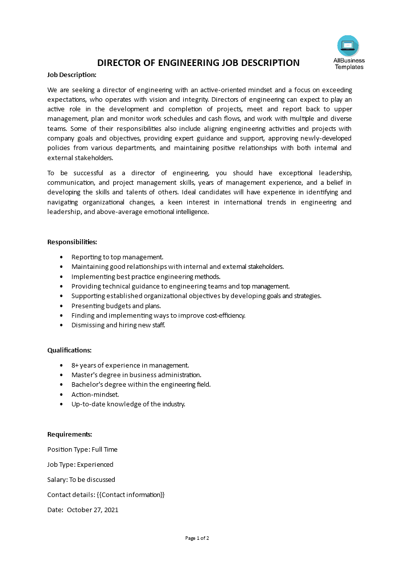 Libreng Director Of Engineering Job Description 