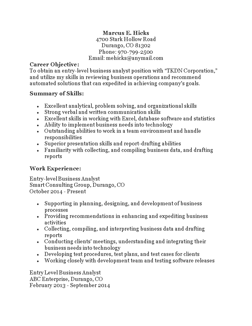 Entry Level Business Analyst Resume Templates At Allbusinesstemplates