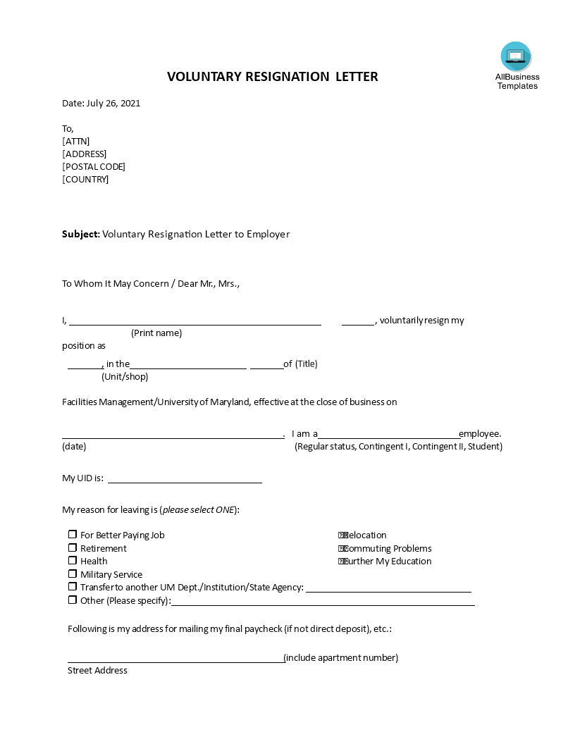 Voluntary Resignation Letter To Employer Templates at