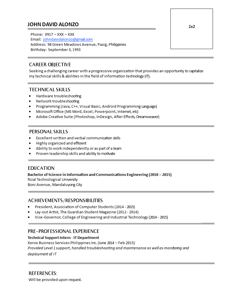 resume template for freshers with no work experience download