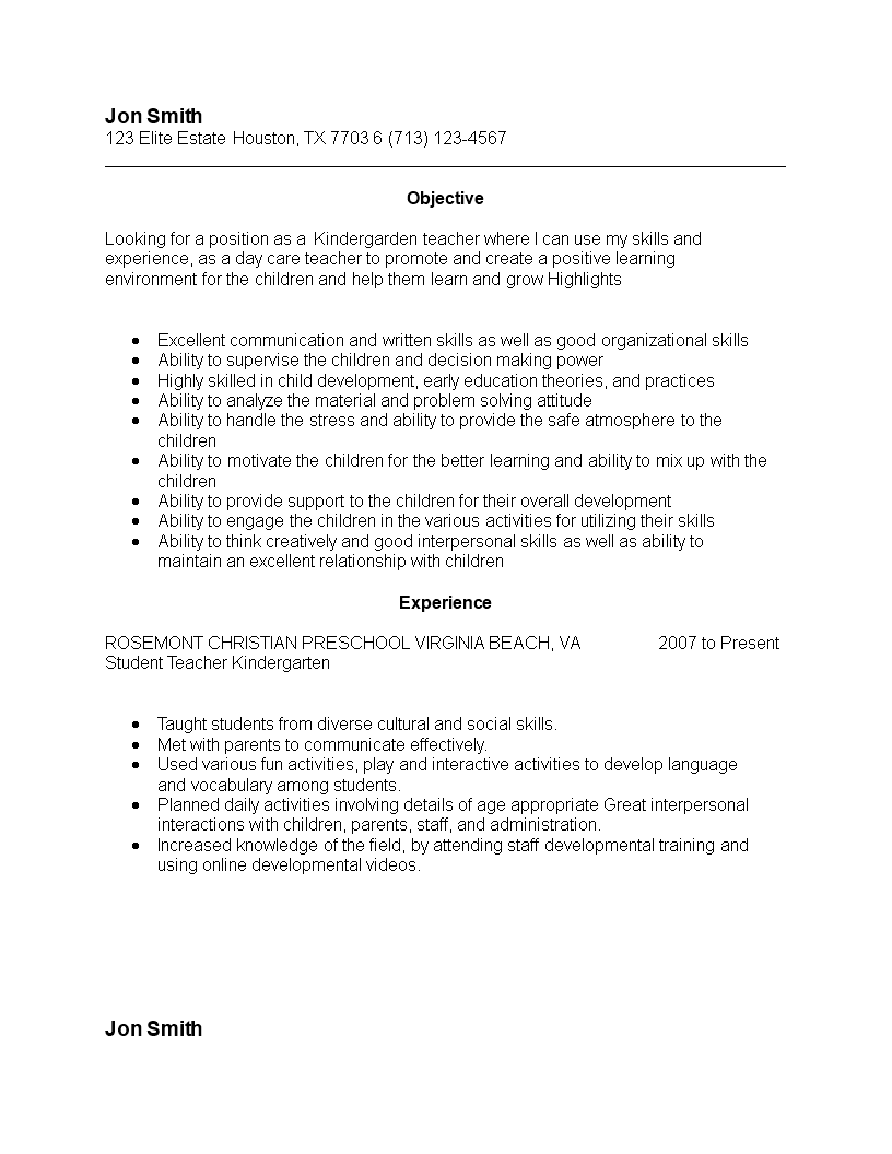 resume samples for teacher kindergarten