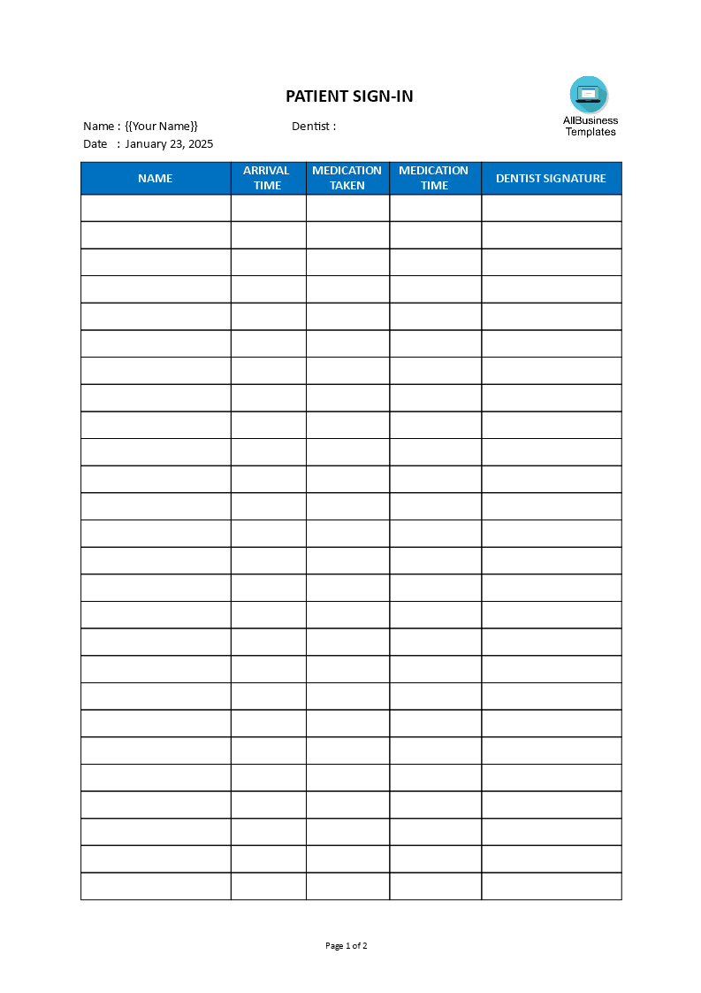 Dental Patient Sign In Sheet main image