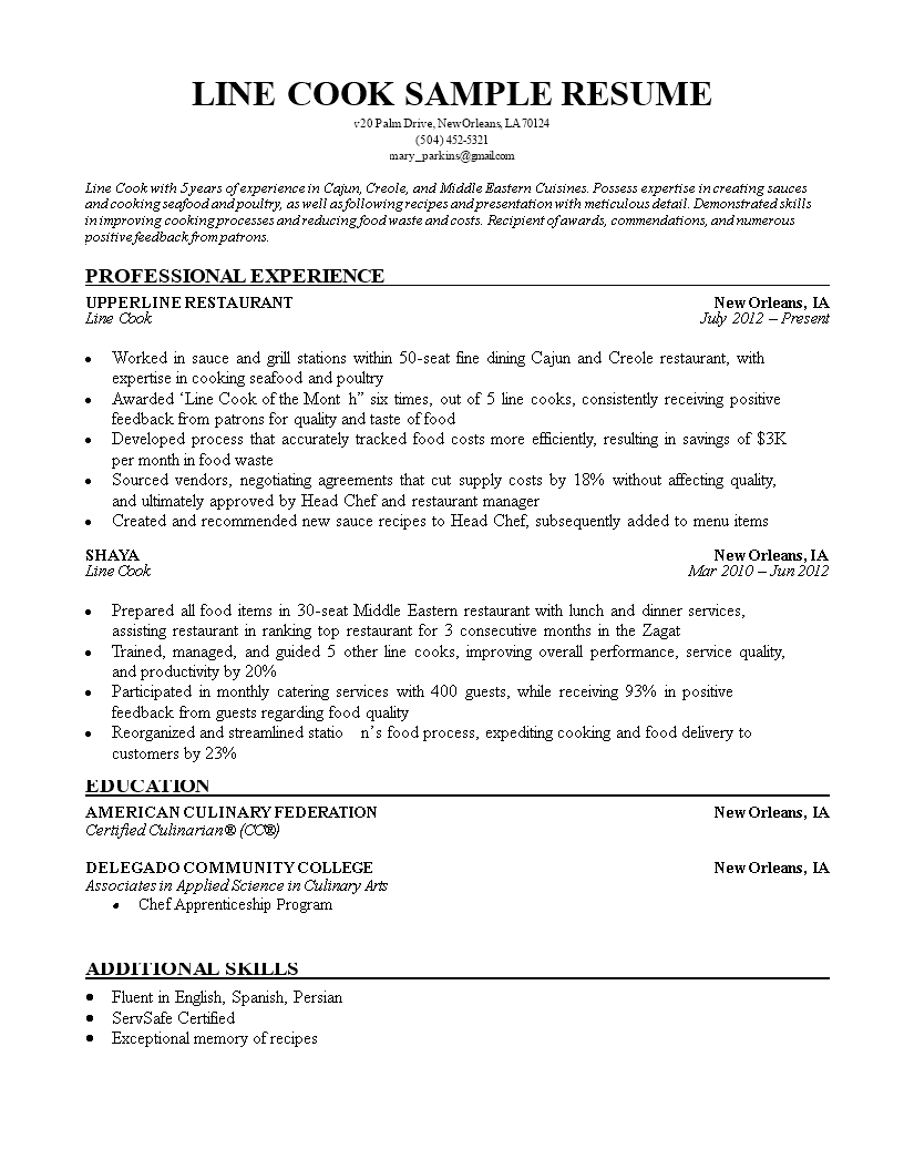 Line Cook Resume Sample Templates At Allbusinesstemplates