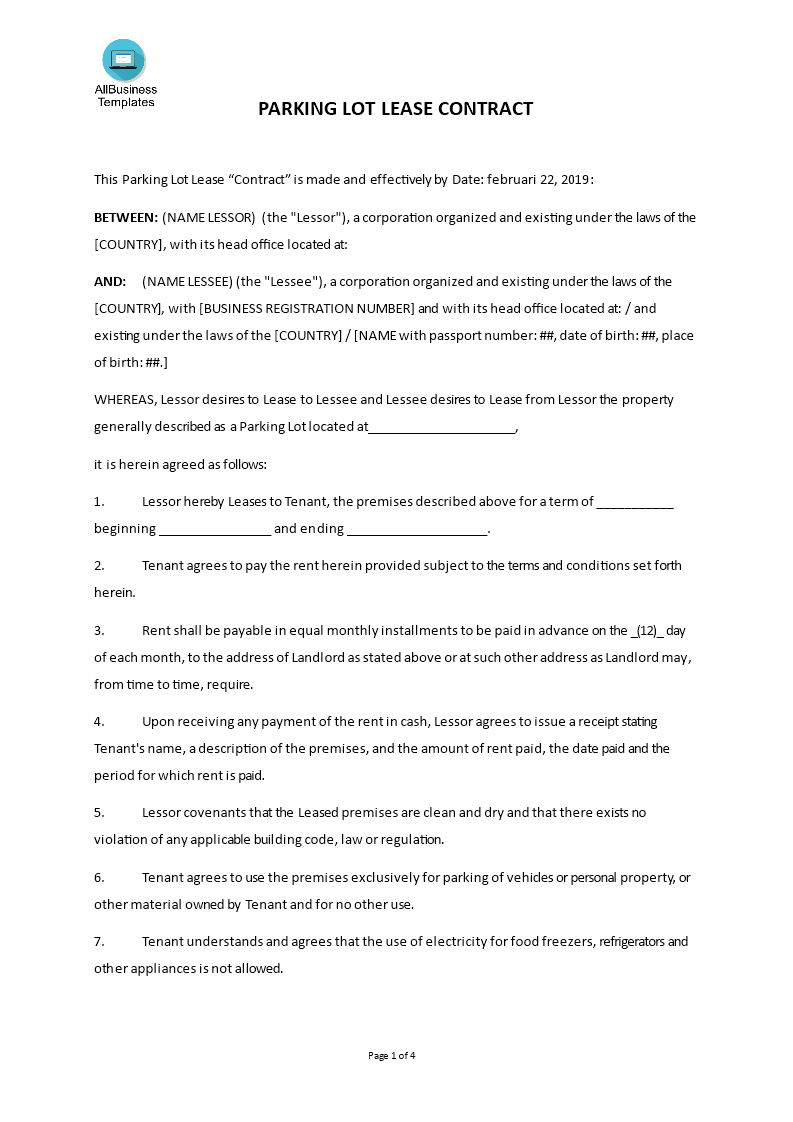 Parking Lot Lease Agreement Template Templates At 