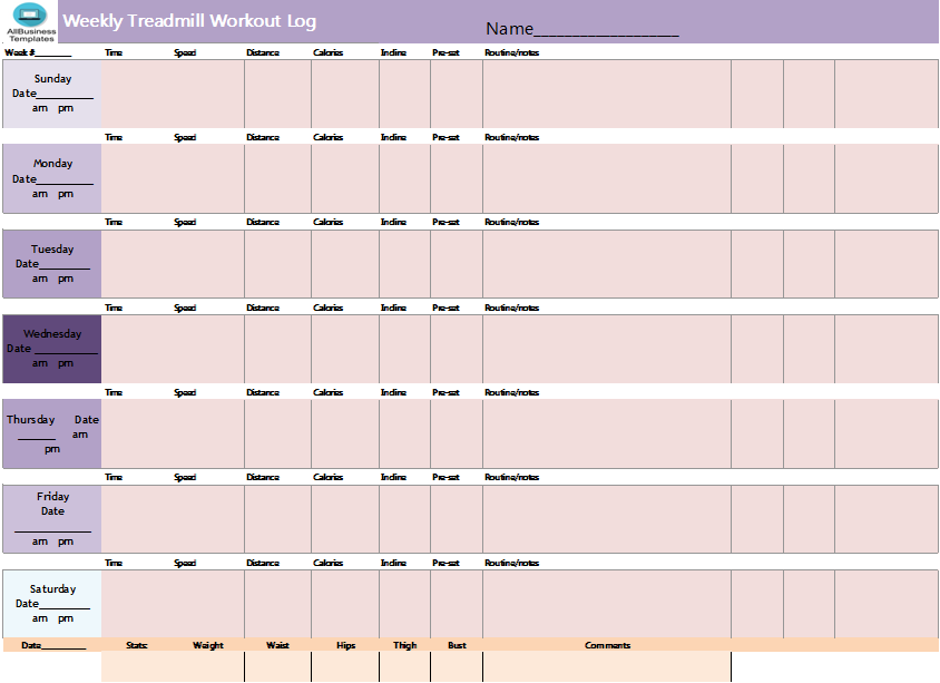 weekly treadmill workout log template