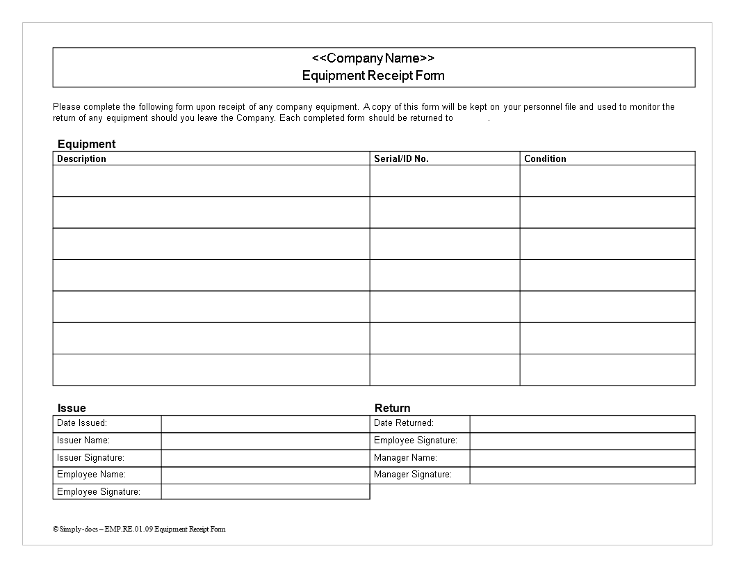 Equipment Delivery Receipt Template