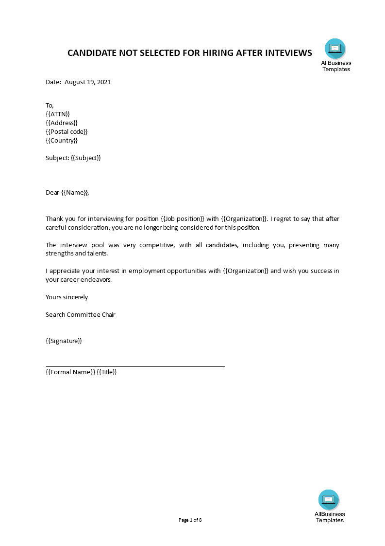 Rejection Letter To Candidate Gratis