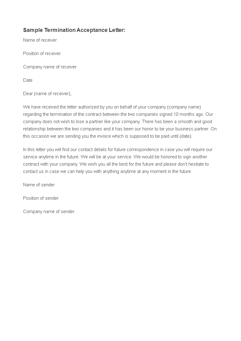acceptance letter of termination template