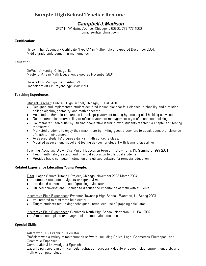 sample resume for high school teacher with experience
