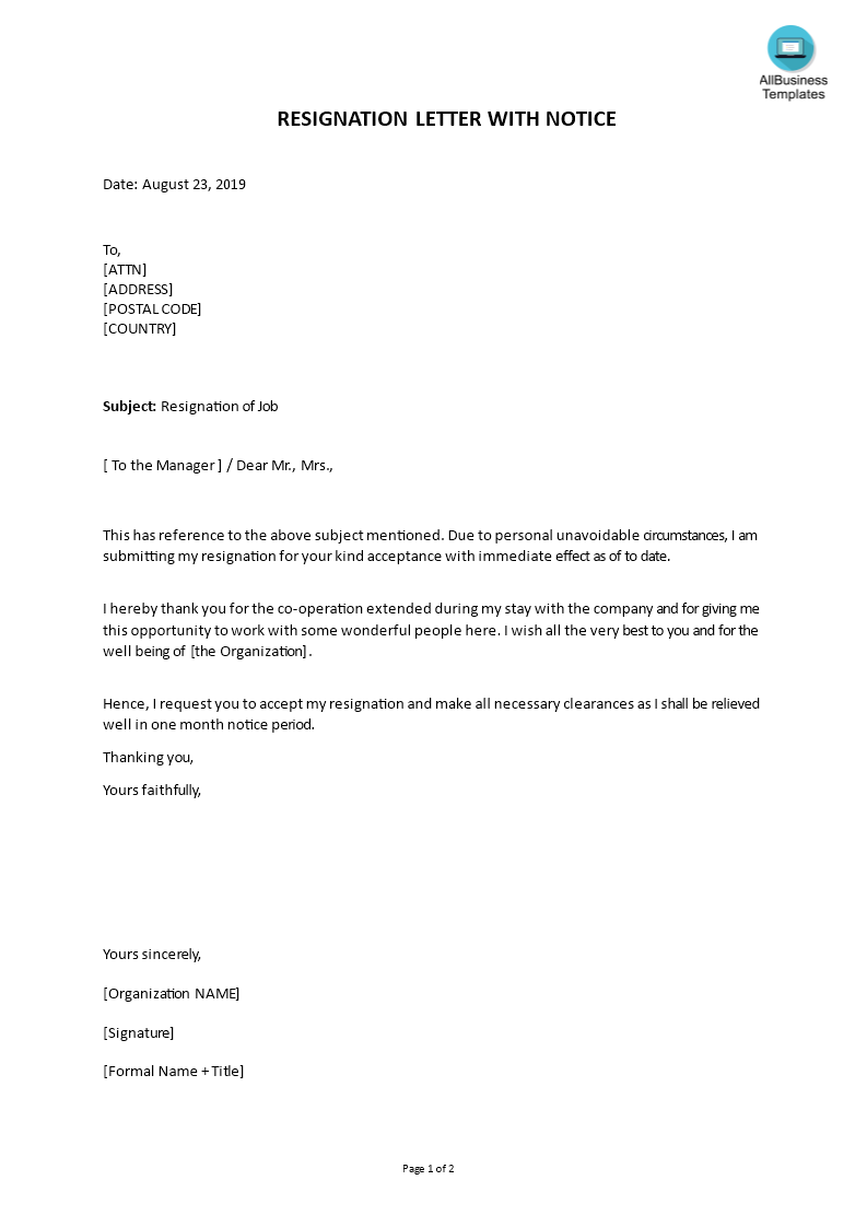 Resignation Letter Format With Notice Period Templates At 