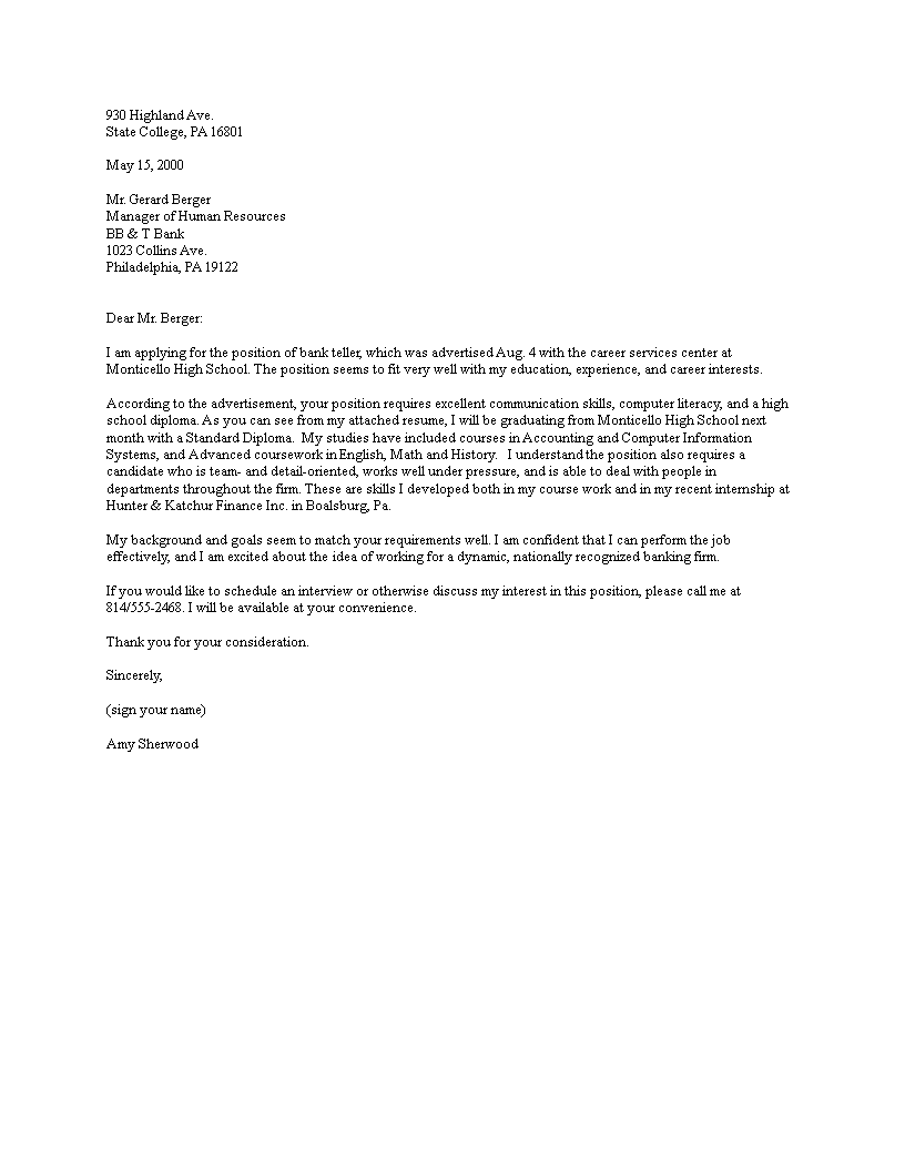 cover letter for bank job