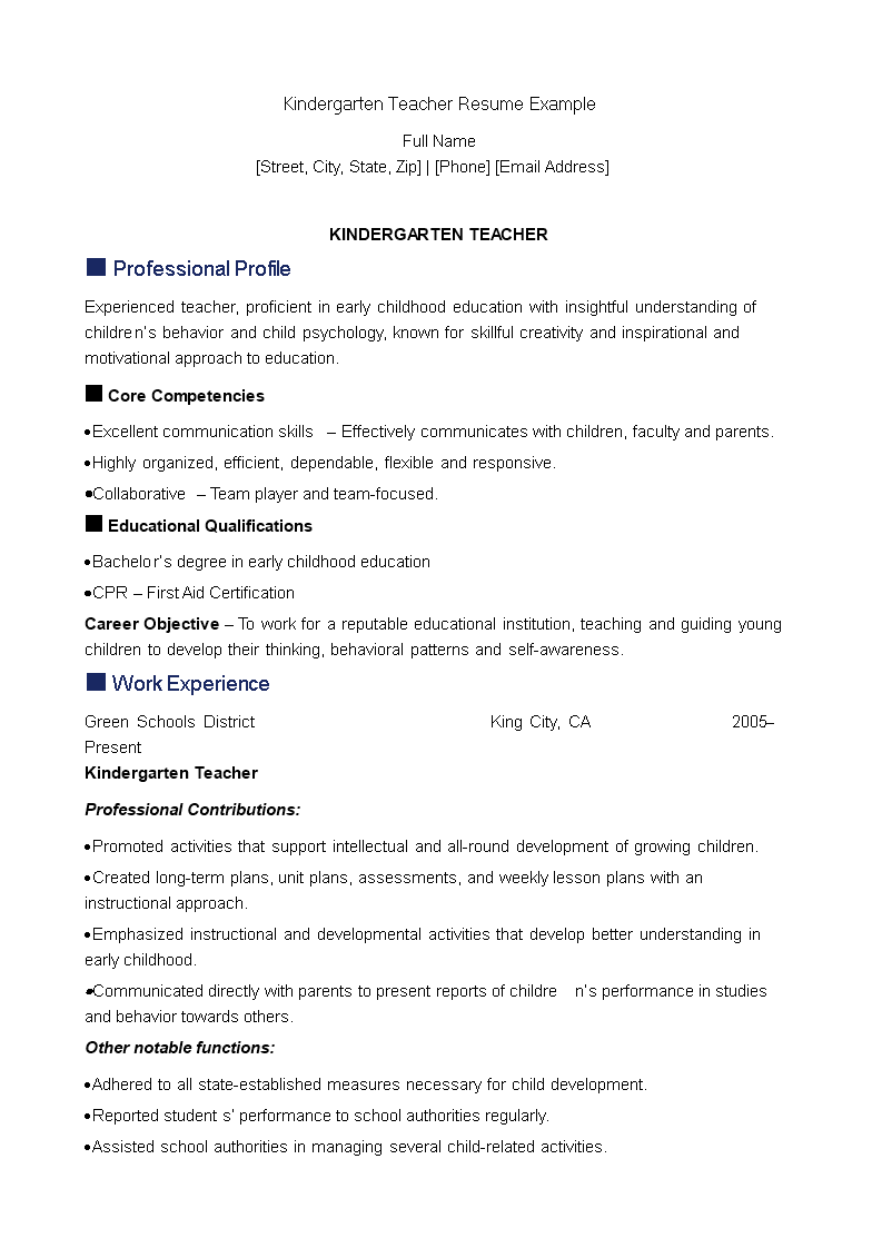 Kindergarten Teacher Resume Sample Terrykontiec