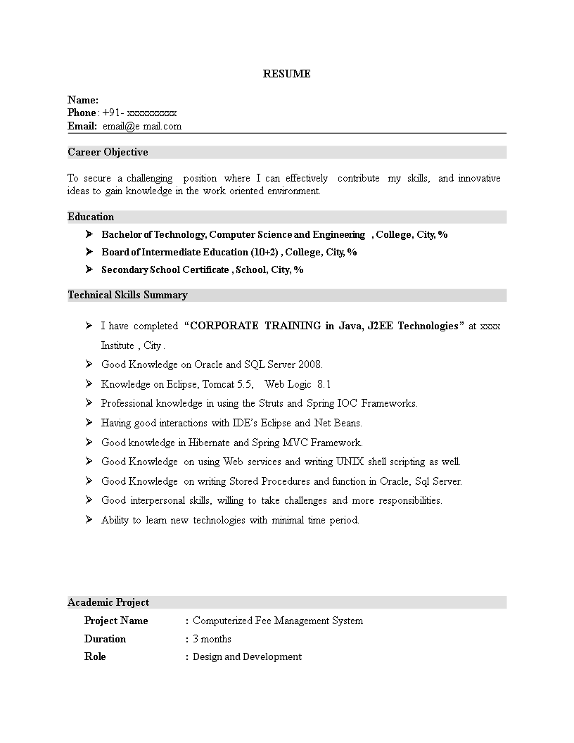  Fresher Core Java Resume Allbusinesstemplates